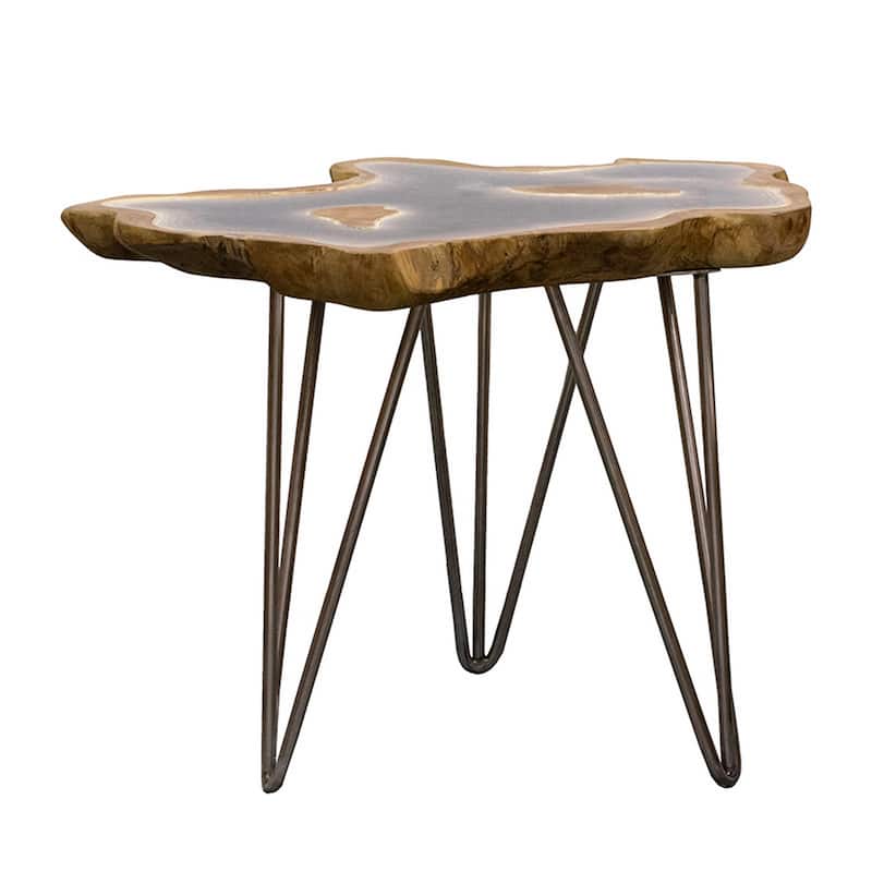 20 Inch Side Accent Table, Natural Edges, Hairpin Legs, Gray Resin, Brown