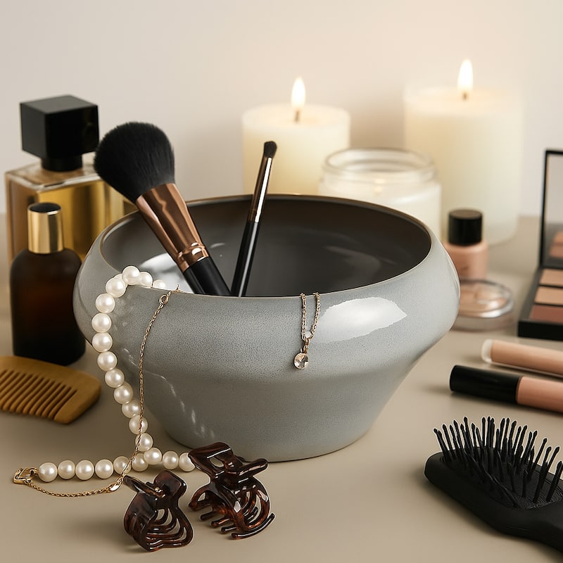 Decorative Round Glazed Terracotta Bowl -13", Gray - 13.0"