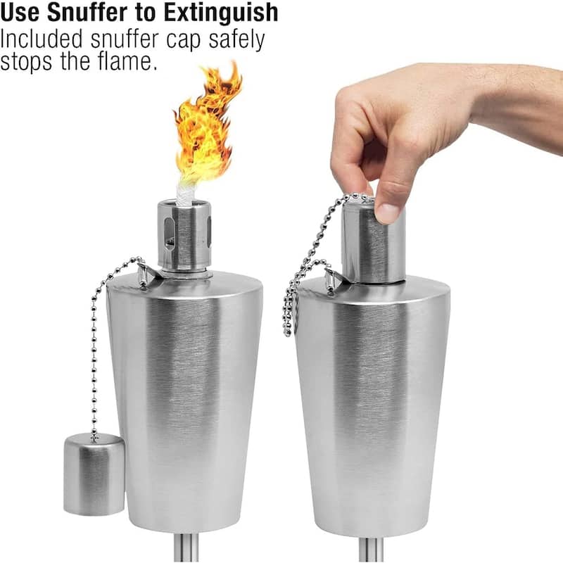 Matney Stainless Steel Torches – Includes Fiberglass Wick and Snuffer Cap - Set of 2 (11 oz)