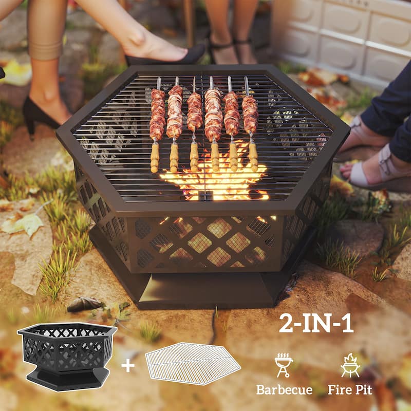 Hexagon Outdoor Fire Pit and BBQ Grill Black Steel with Mesh Lid Poker and Grill Grate 27.6 Inch - 27.6" L x 23.6" W x 23.6" H