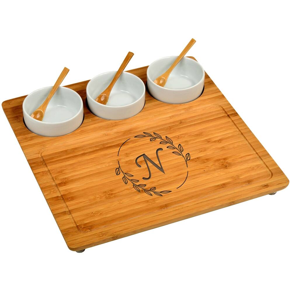 Picnic at Ascot Personalized Bamboo Cheese, Charcuterie Board with Ceramic Ramekins