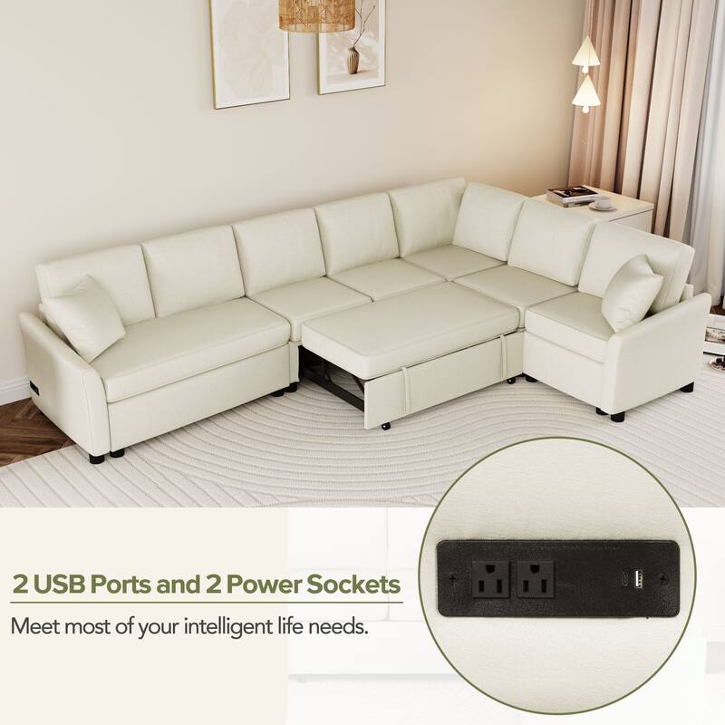 L-shaped Sofa Convertible Sofa Bed Pull Out Sofa Sleeper with Two Back Pillows, Two USB Ports and Two Power Sockets