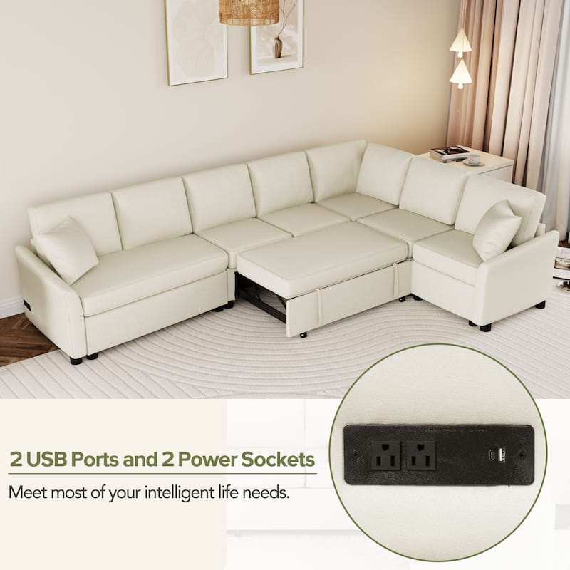 Roomfitters L-Shaped Convertible Pull-Out Sofa Bed with Two Back Pillows, USB Ports, and Power Sockets