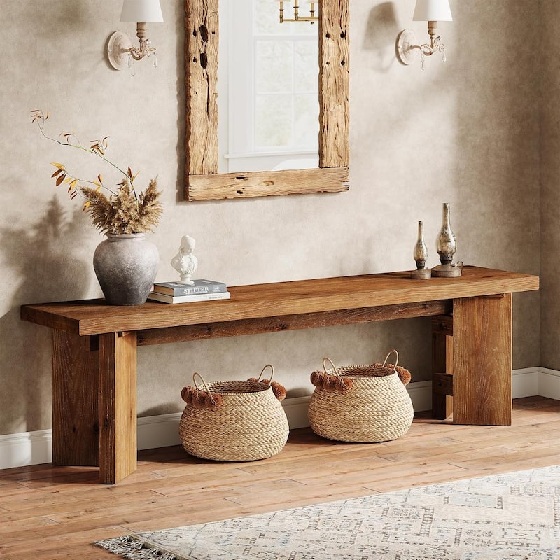 62.99" Solid Wood Bench, Farmhouse Entryway Bench with Thickened Legs for Entrance, Dining Room, Living Room, End of Bed