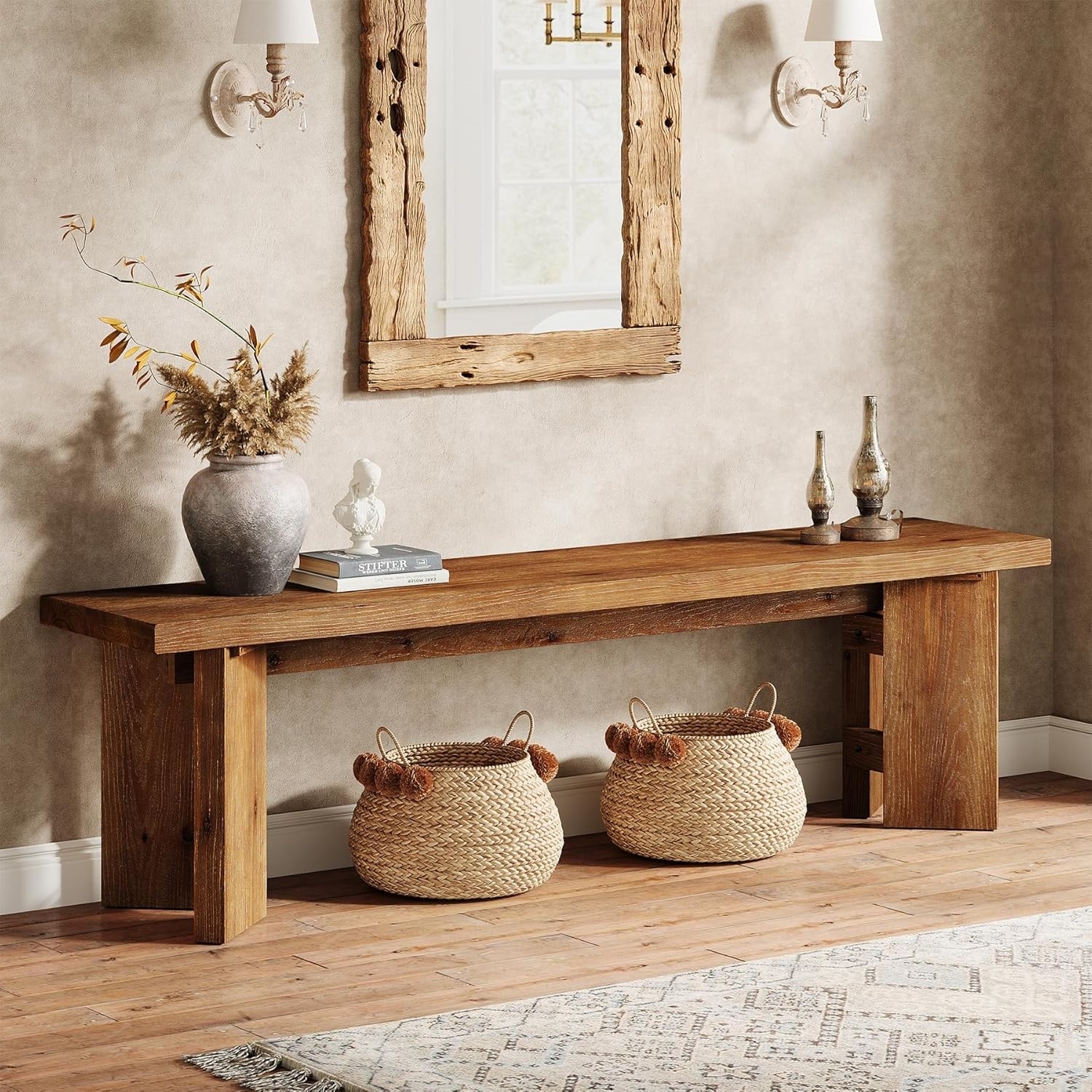 62.99" Solid Wood Bench with Thickened Legs for Entryway, Entrance, Dining Room, Living Room, End of Bed