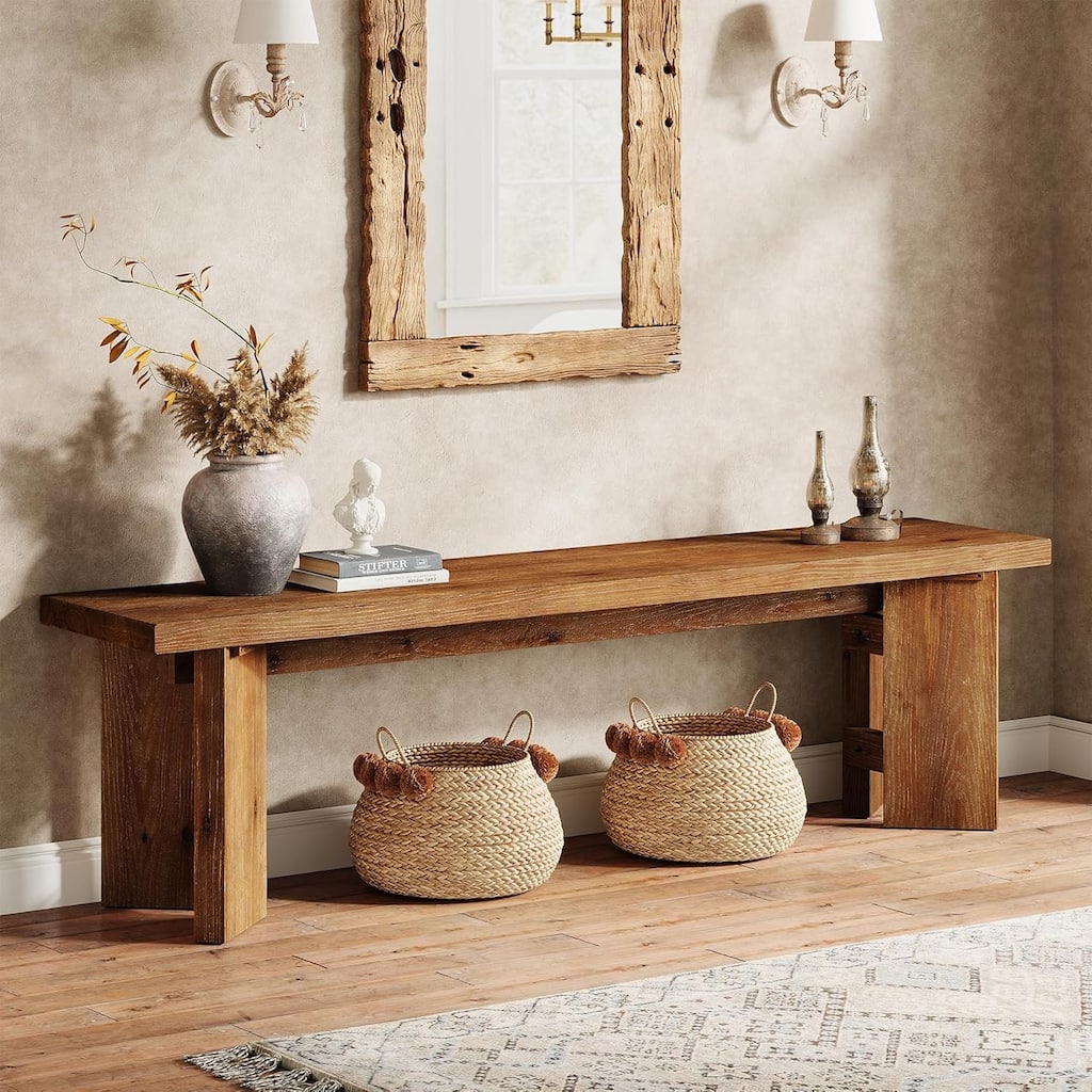 63 Inches Solid Wood Bench, Entryway Bench with Thickened Legs for Entrance, Dining Room