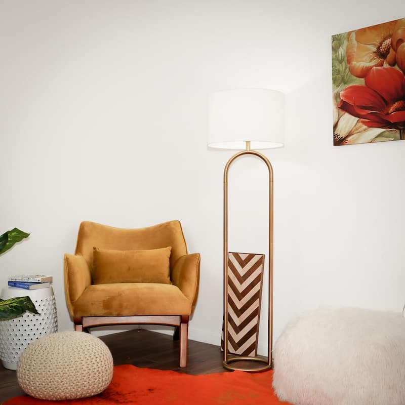 Brass Ring Base Floor Lamp with Large White Drum Shade
