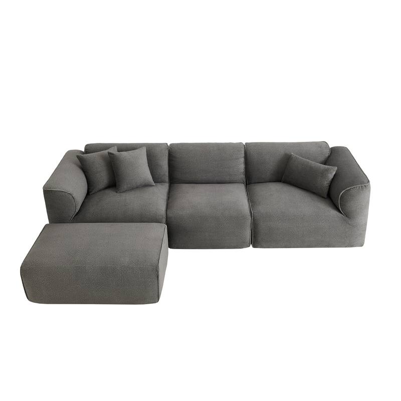 Double-Needle Cut Velvet Sofa, Upholstered Sofa with 1 Detachable Footstool & 3 Throw Pillows, Comfy 4-Seater Corner Sofa