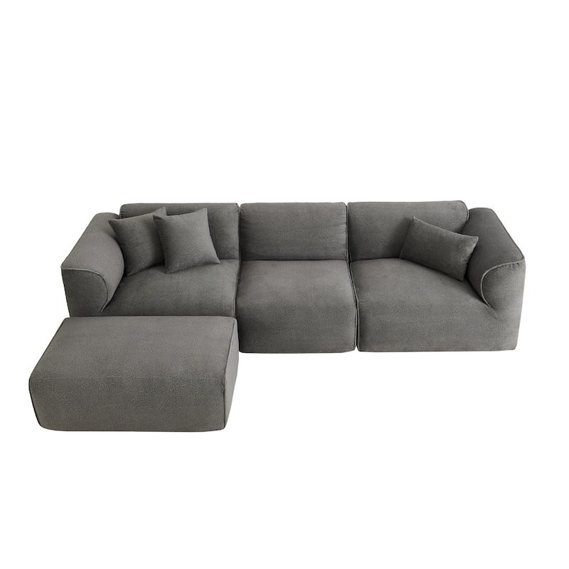 Roomfitters Double-needle Cut Velvet Sofa, 4-Seater Modern Modular Sectional Couch with Movable Ottoman for Living Room