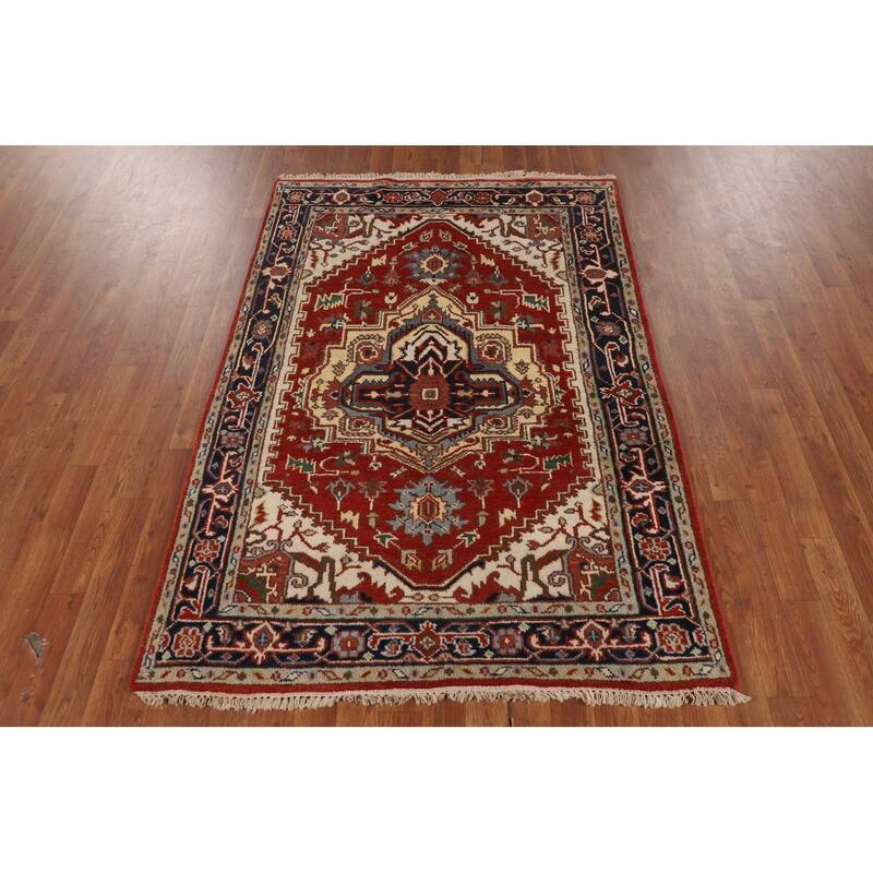Orange Heriz Serapi Oriental Accent Rug Handmade Wool Carpet - 4'0" X 5'11"