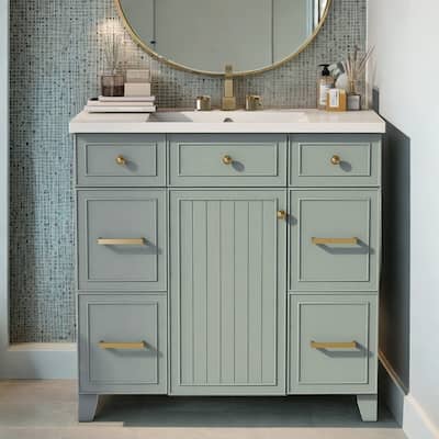 36" Bathroom Vanity with Ceramic Basin, Shaker Cabinet with Soft Closing Door and Drawer