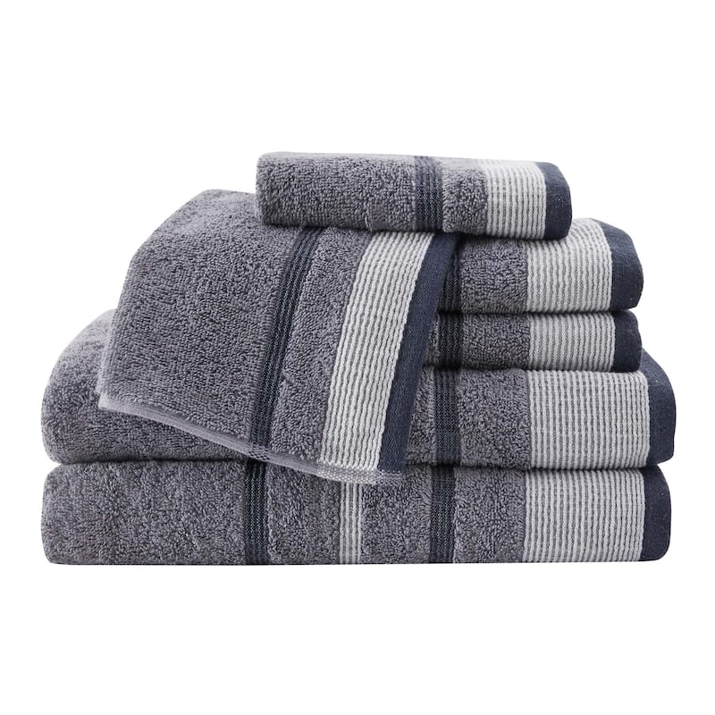 Linery & Co. Luxury Cotton Decorative Towel Set. - 6 Piece Set - Chambray Blue / White / Navy Blue.