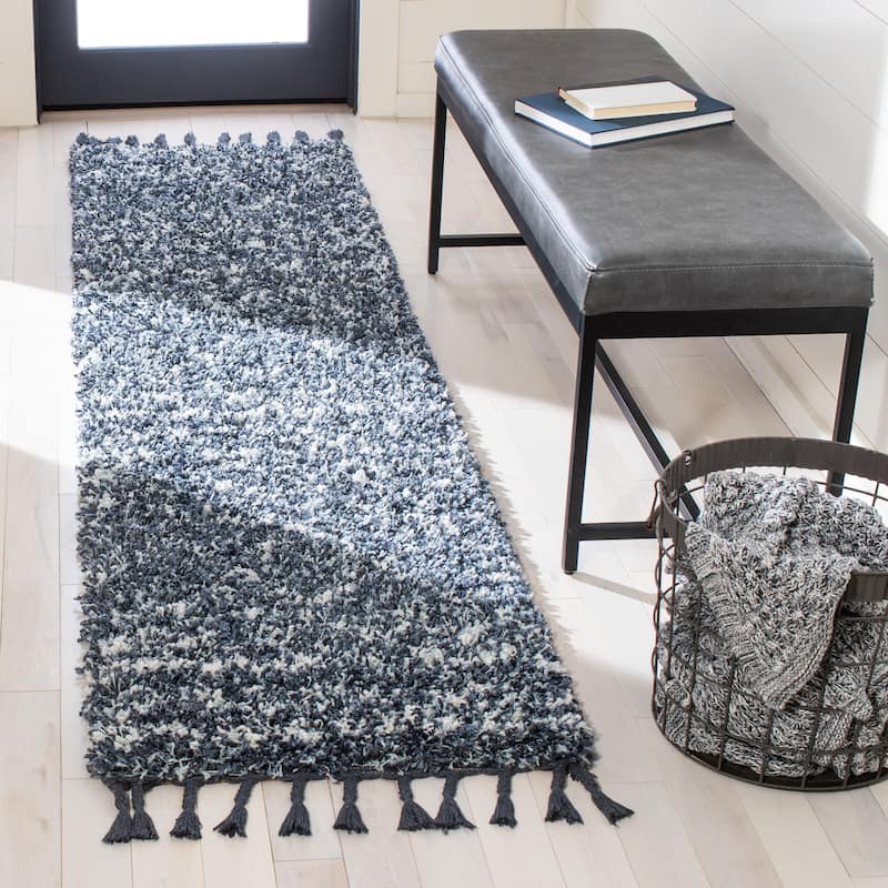 SAFAVIEH Pro Lux Shag Dottie Moroccan Tassel 2.4-inch Thick - 2' x 8' - Blue/Ivory - Runner