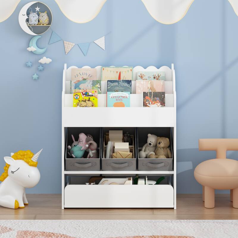 Anmytek Wooden Toddler Bookshelf with Storage Bins Drawer Multifunctional Nursery Book Toy Organizer