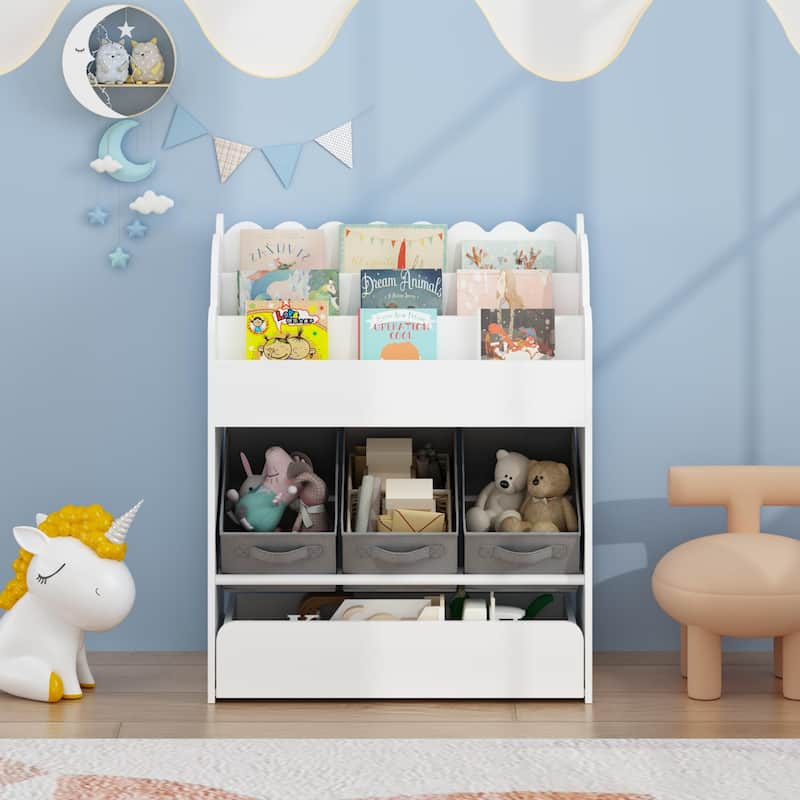 Kids Bookshelf with Storage Bins and Drawer,Multi-Functional Wooden Book Organizer for Toddlers,White Bookcase for Toys, Books