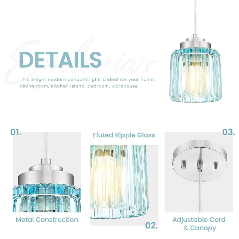 Modern 1-Light Clear Fluted Ripple Glass Adjustable Pendant