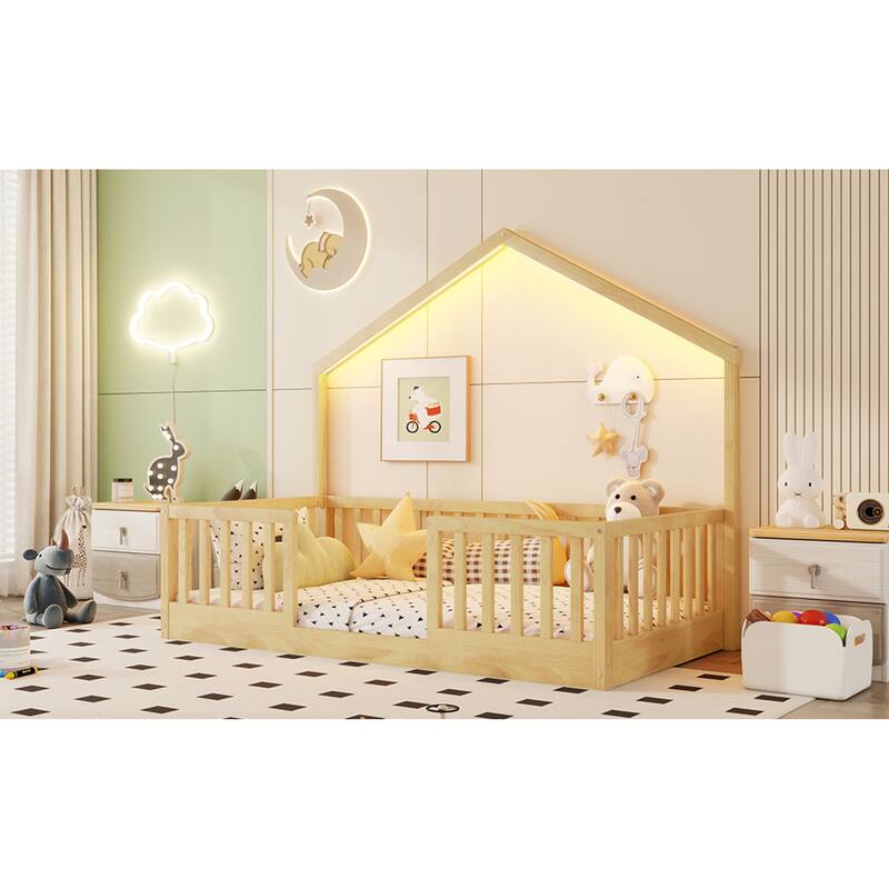 Roomfitters Twin/Full Floor Platform Bed, House Frame and LED Light with Wooden High Rails for Bedrooms or Guest Rooms