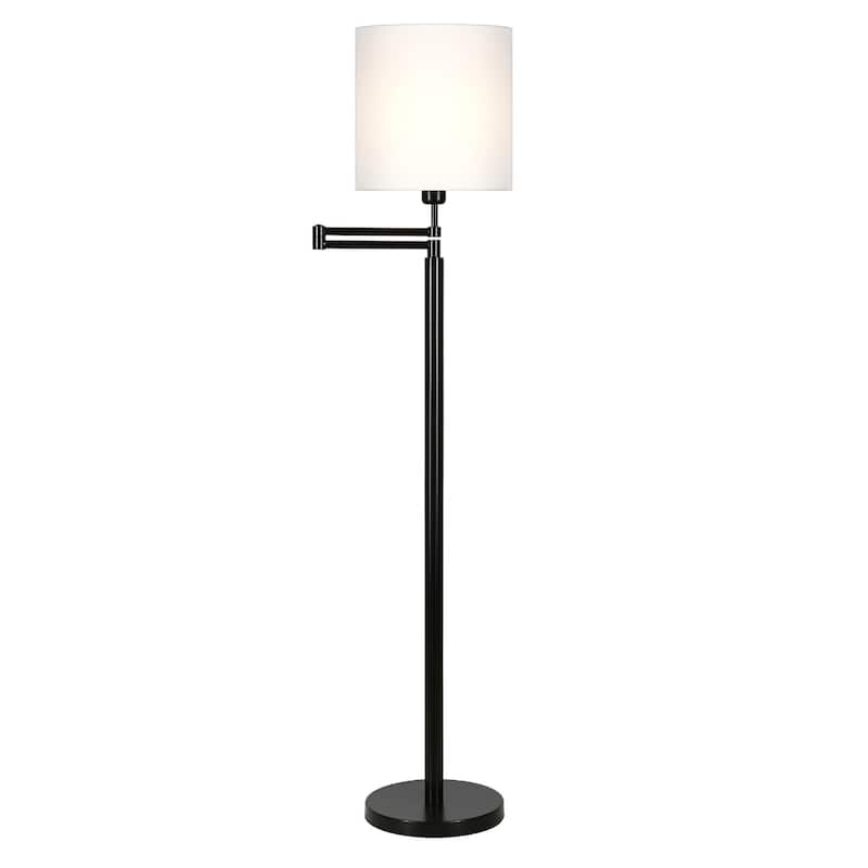 Metal Swing Arm Floor Lamp with Linen Drum Shade and Frosted Glass Rotary Socket Switch - 12” x 23” x 62” (D x W x H)
