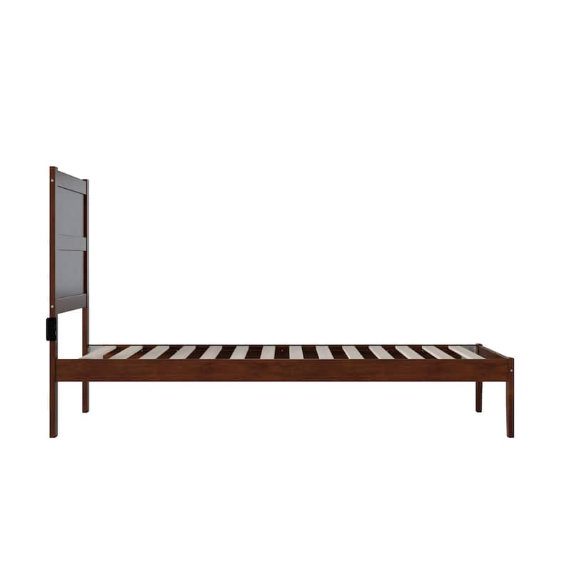 Twin XL Bed Frame Walnut Finish - Modern Platform Bed with Charging Station