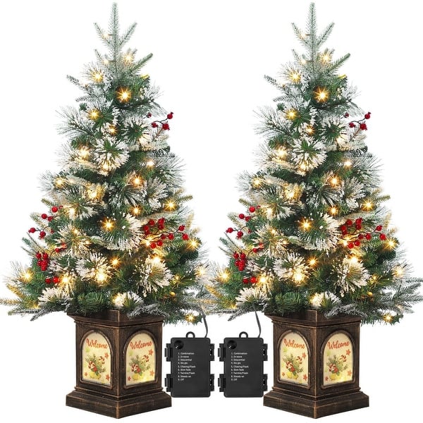slide 2 of 8, 3FT Prelit Snow Flocked Christmas Tree with Prelit Premium 78 LED 8 Mode Battery Powered_2pack - 3FT 2Pack Green
