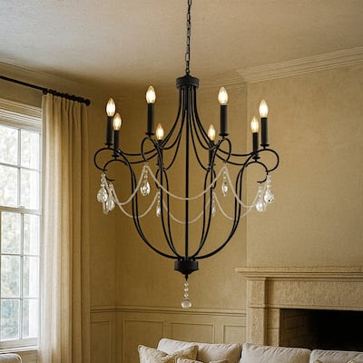 32'' 8-Light Modern Black Mid-Century Modern Candelabra Crystal Chandelier Vintage Candle Pendant Light For Living Room - W32''