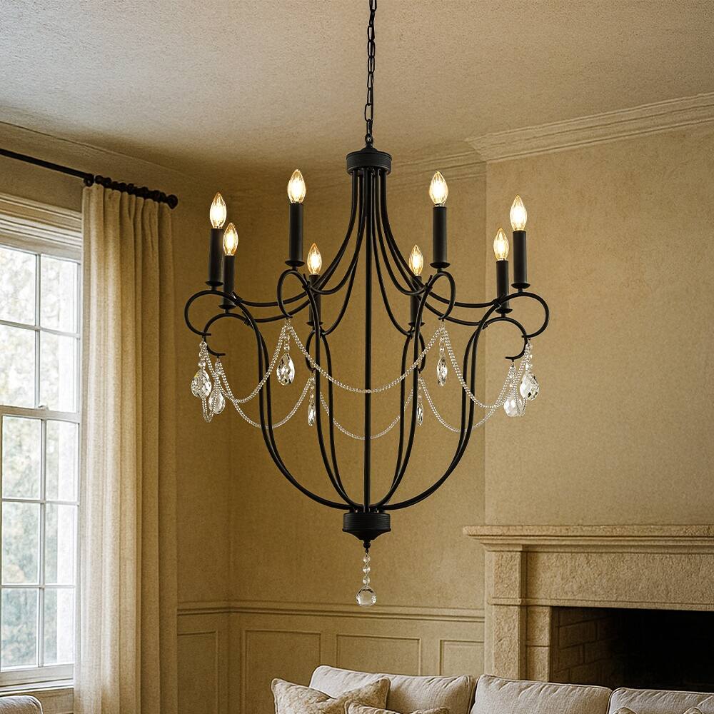 32'' 8-Light Modern Black Mid-Century Modern Candelabra Crystal Chandelier Vintage Candle Pendant Light For Living Room - W32''