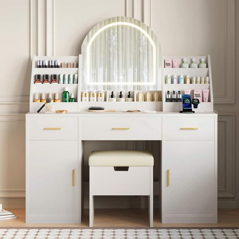47.2" Makeup Vanity with Mirror & Light - Vanity Desk with Cushioned Storage Stool