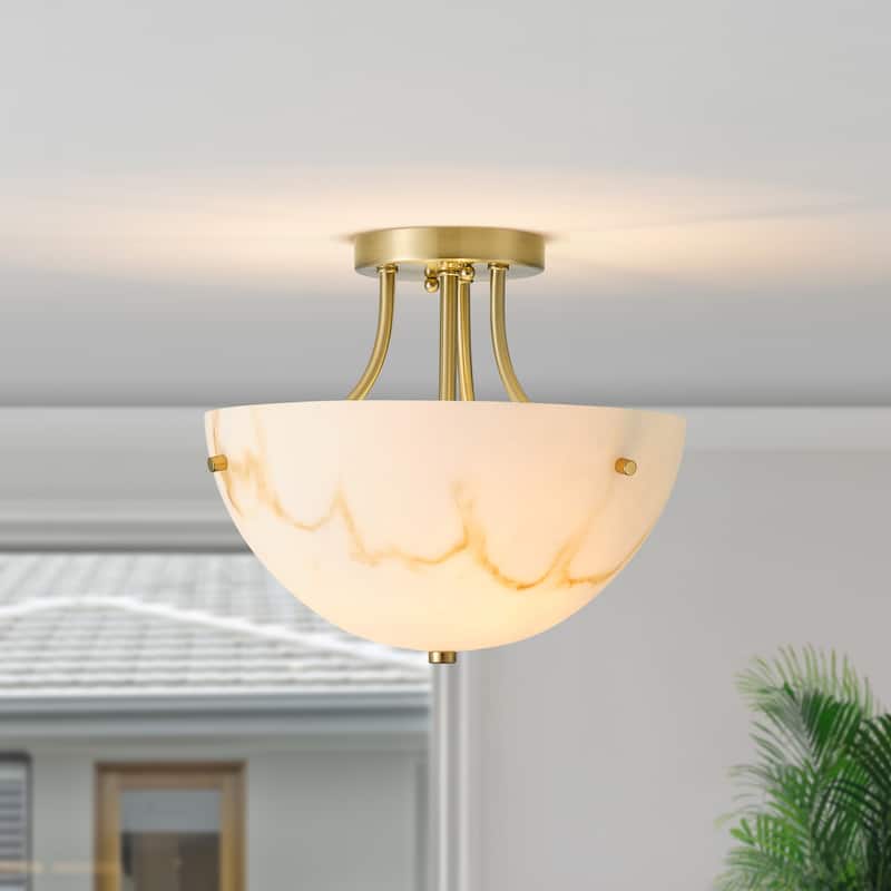 Starsky 2-Light Bowl Veined Faux Alabaster Semi Flush Mount - Gold