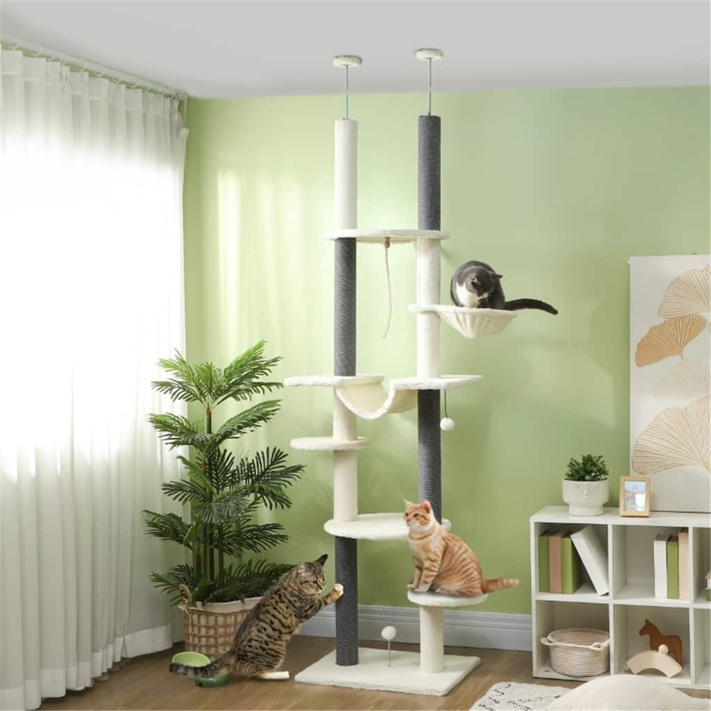 White-Grey Vertical Cat Tree with Adjustable Height and Soft Plush Cover - 23.6" W x 17.3" D x 88.6" -100.4" H
