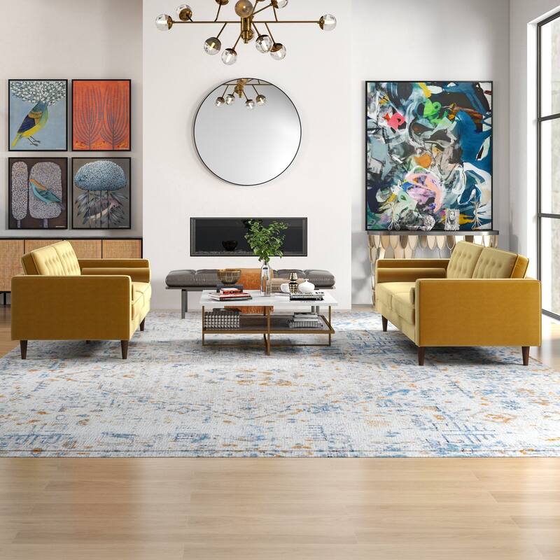 Kenzo Mid Century Pillow Back Velvet Sofa and Loveseat Set