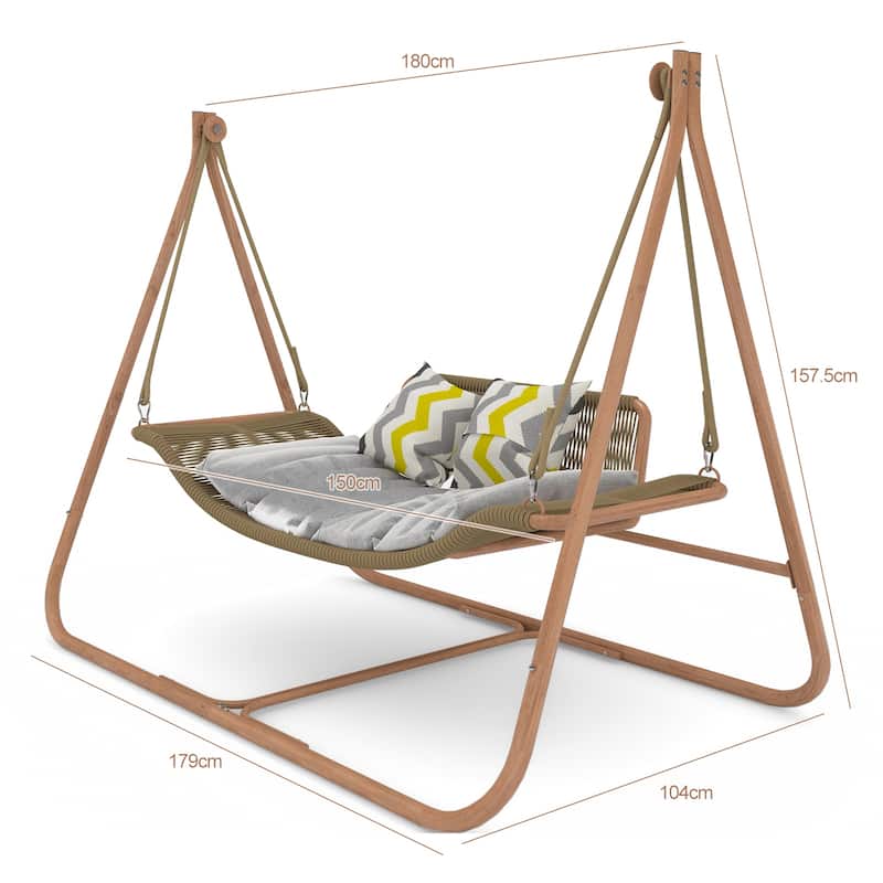 Rattan Metal Hammock Chair with Stand - 570lb Capacity, Includes Cushion and Wood-Grain Frame
