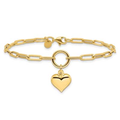 Curata 14k Yellow Gold 7.25"12.3mm Polished Puffed Heart Paperclip Link Bracelet