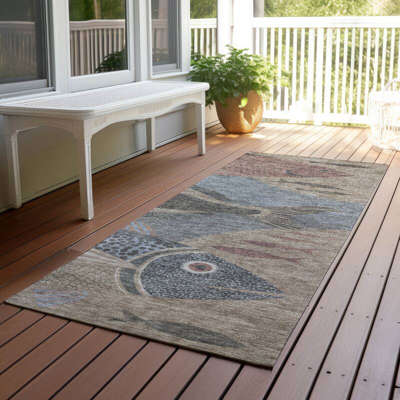 Machine Washable Indoor/ Outdoor Modern Fish Chantille Rug - Gray - 2'3" x 7'6"
