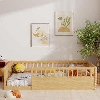 Twin Size Wood Kids Floor Beds Frame with Fence and High Guardrails