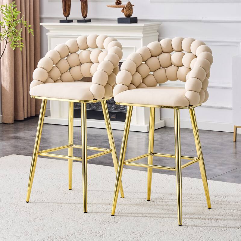 Set of 2 Beige Puffy Bubble Chair Velvet Bar Stools with Gold Legs, Tufted Accent Bar Chairs