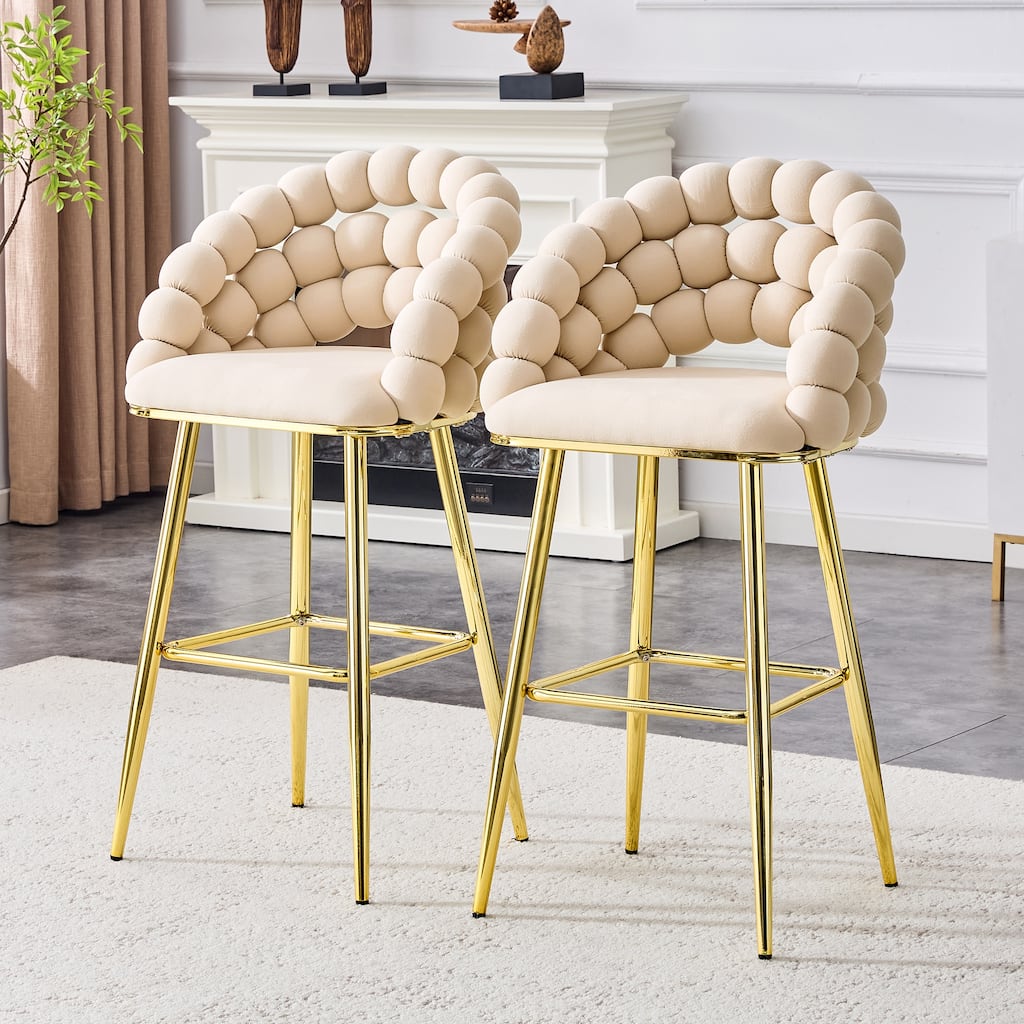 Set of 2 Beige Puffy Bubble Chair Velvet Bar Stools with Gold Legs, Tufted Accent Bar Chairs
