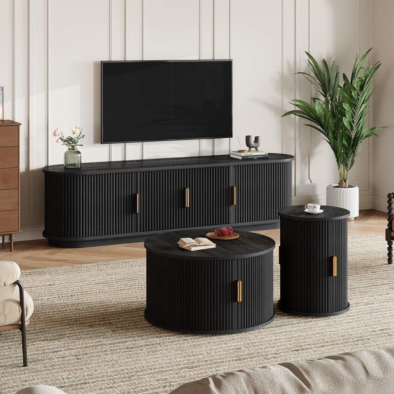 Mid Century Modern 74.8" TV Stand & Coffee Table Set for TVs up to 75", Wooden Media Console with Fluted Sliding Doors