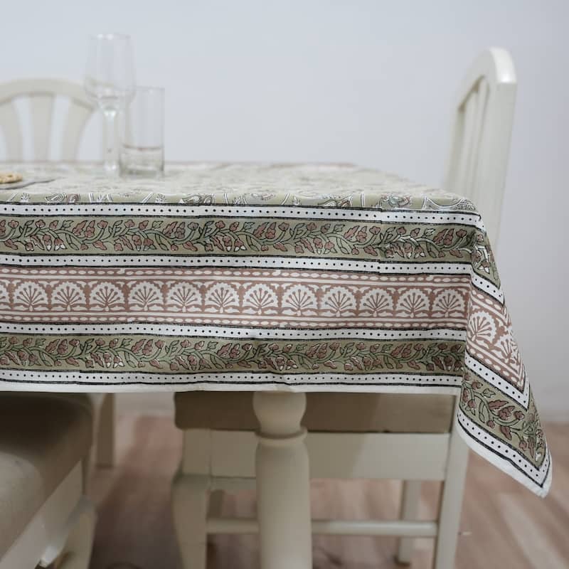 Fabdivine Floral Cotton Table Cover or Cloth Handmade Block Print for Dining & Home Décor Accent - 70"X108" - Saraswati- Olive Green, Brown