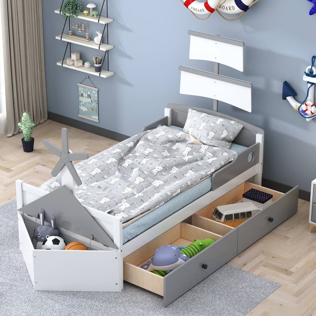 Ship-Shaped Twin Platform Bed with 2 Drawers, Wood Boat-Shaped Bed with Headboard and Storage Footboard for Bedroom, Grey/Blue