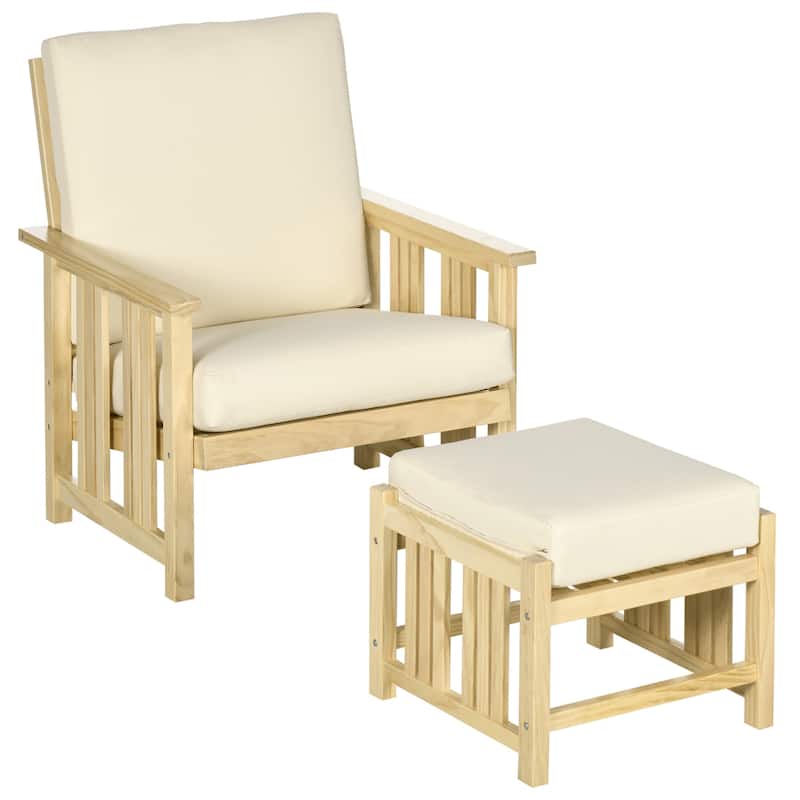 2 Piece Patio Furniture Set, Wood Outdoor Patio Chair with Ottoman, Cushioned Outdoor Lounge Chair, Sofa Chair with Footrest - Natural