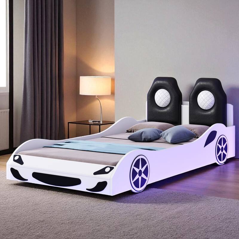Twin Size Wood Race Car Platform Bed with LED Lights, Upholstered Backrest & Safety Rails - White - Twin