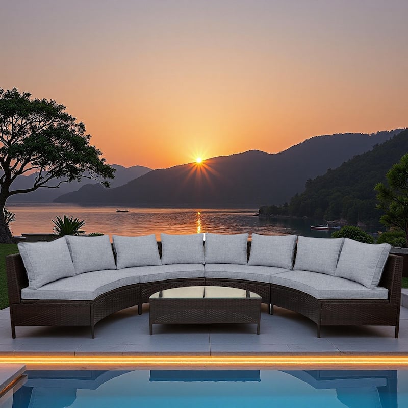 5-Piece Outdoor Rattan Half-Moon Sectional Sofa Set with Tempered Glass Coffee Table - Gray