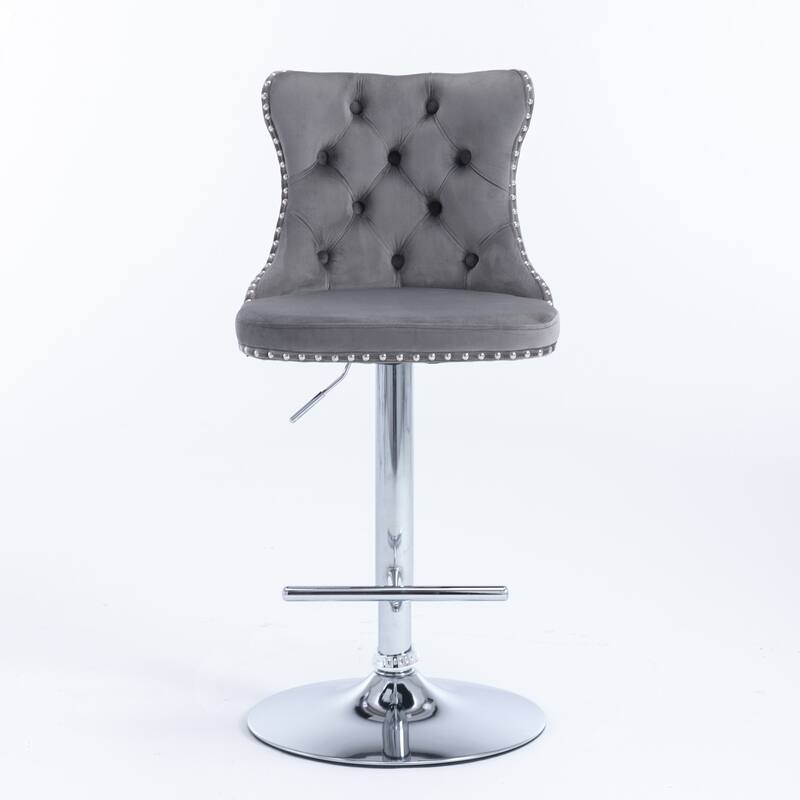 Bar Stool Set of 2, Gray Velvet Swivel Barstool Tufting Upholstered Counter Height Bar Stool Height Adjustable Armless Bar Chair