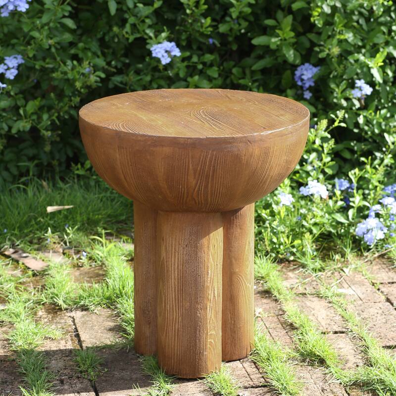 Roomfitters Iris Outdoor Round Side Table with 3 Legs and Wood Grain Texture, Weather Resistant MGO, Brown
