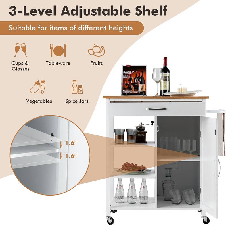 Gymax Mobile Kitchen Island Cart Serving Utility Trolley Drawer Shelf