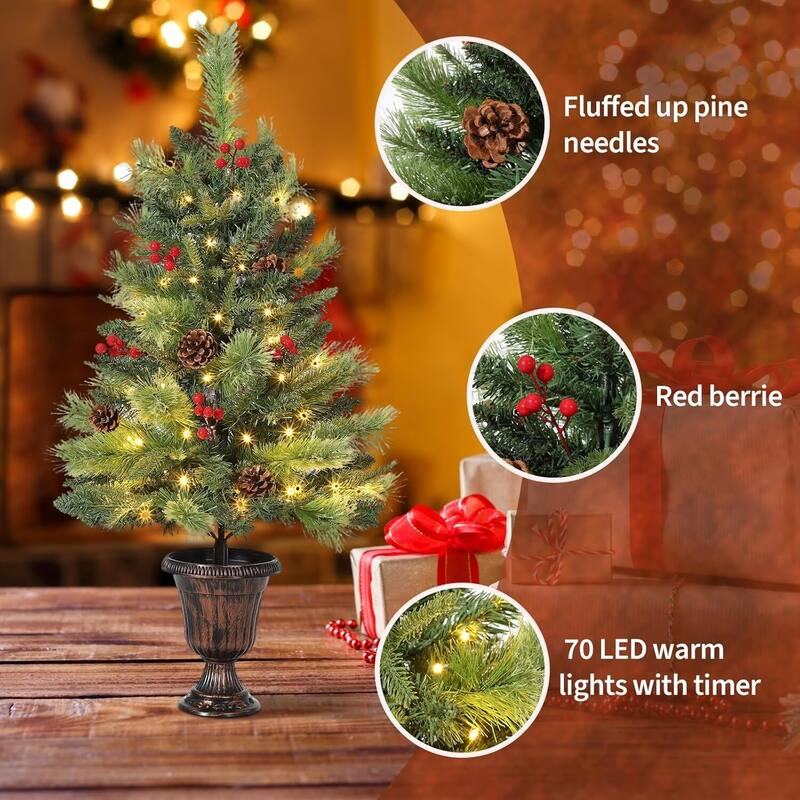Tabletop Christmas Tree, with Pine Cone & Red Berry, 40 LED