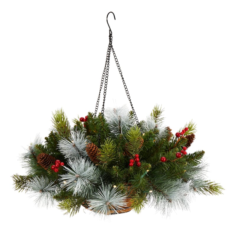 24" Pre-Lit Pine and Berries Artificial Christmas Hanging Basket, LED Lights