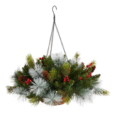24" Pre-Lit Pine and Berries Artificial Christmas Hanging Basket, LED Lights
