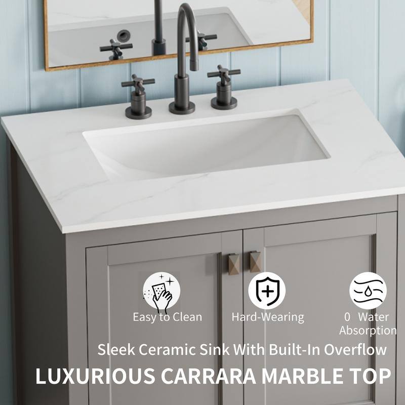 ABRUZZO 30" Freestanding Bathroom Vanity with Carrara Marble Top Solid Wood Frame Soft-Close Doors Undermount Ceramic Sink