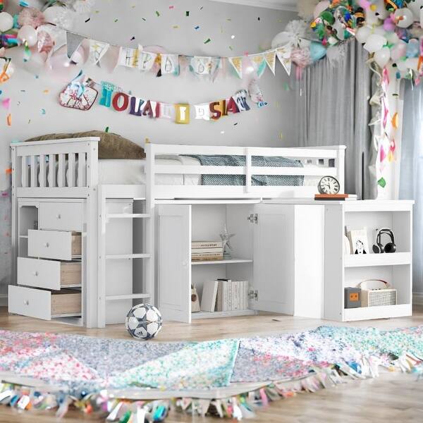 slide 2 of 20, Twin Loft Bed with Storage Cabinet, Drawer and Shelf Cabinet and Pulling-Out Desk,Safety Guardrail,Ladder White